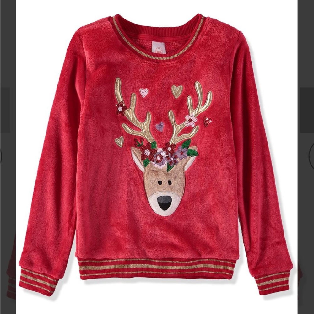 Reindeer Plush Sweater is in like new condition. Size 10 - 12